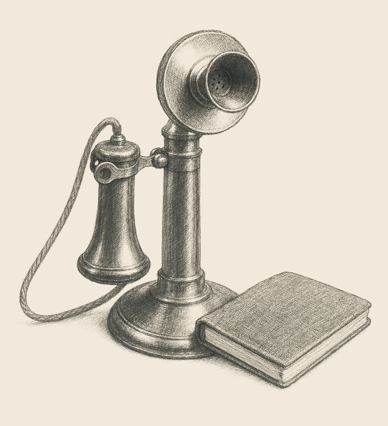 A pencil drawing of a candlestick desk telephone beside a small notebook