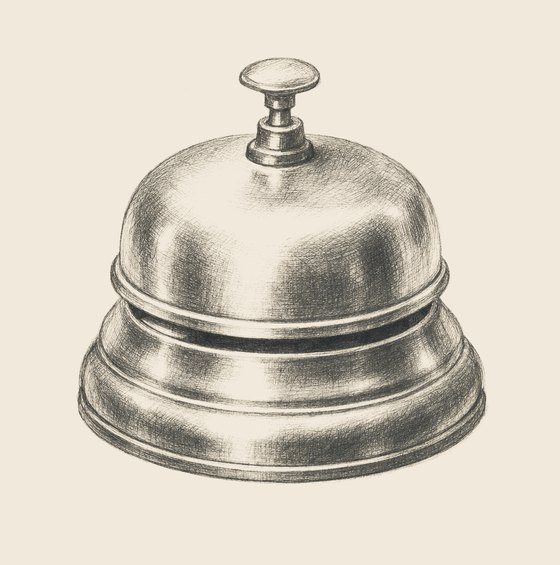 A pencil drawing of a brass desk service bell