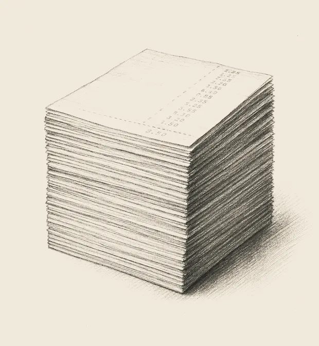 A pencil drawing of a neat stack of flattened paper receipts